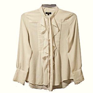 PREMISE STUDIO Ruffle Pleated Tie Neck Yoke Back Long Sleeve Button Up S…